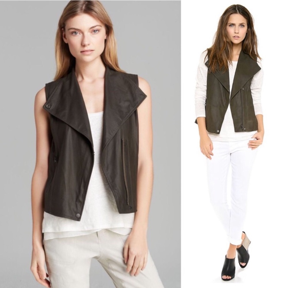 VINCE. 100% Lambskin Leather Military Moto Vest in Olive Green